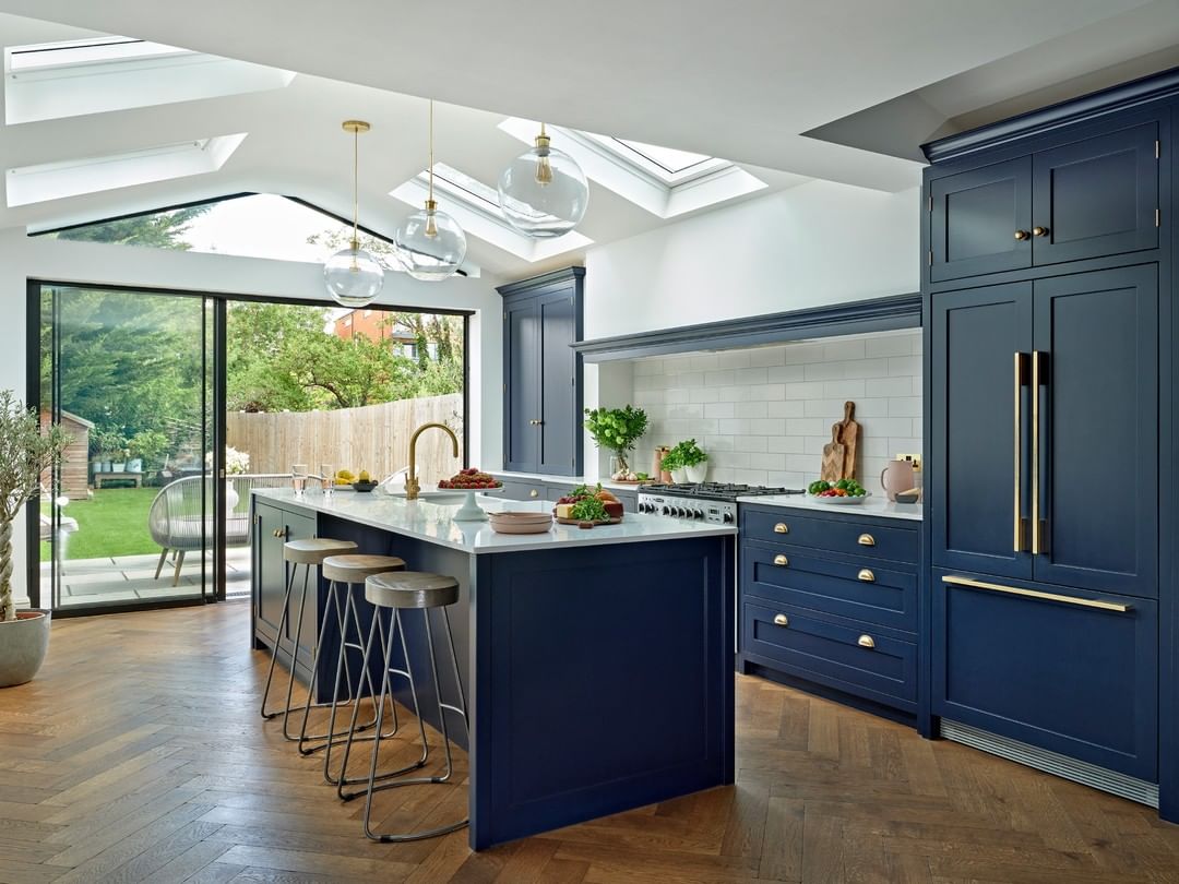 blue walled kitchen