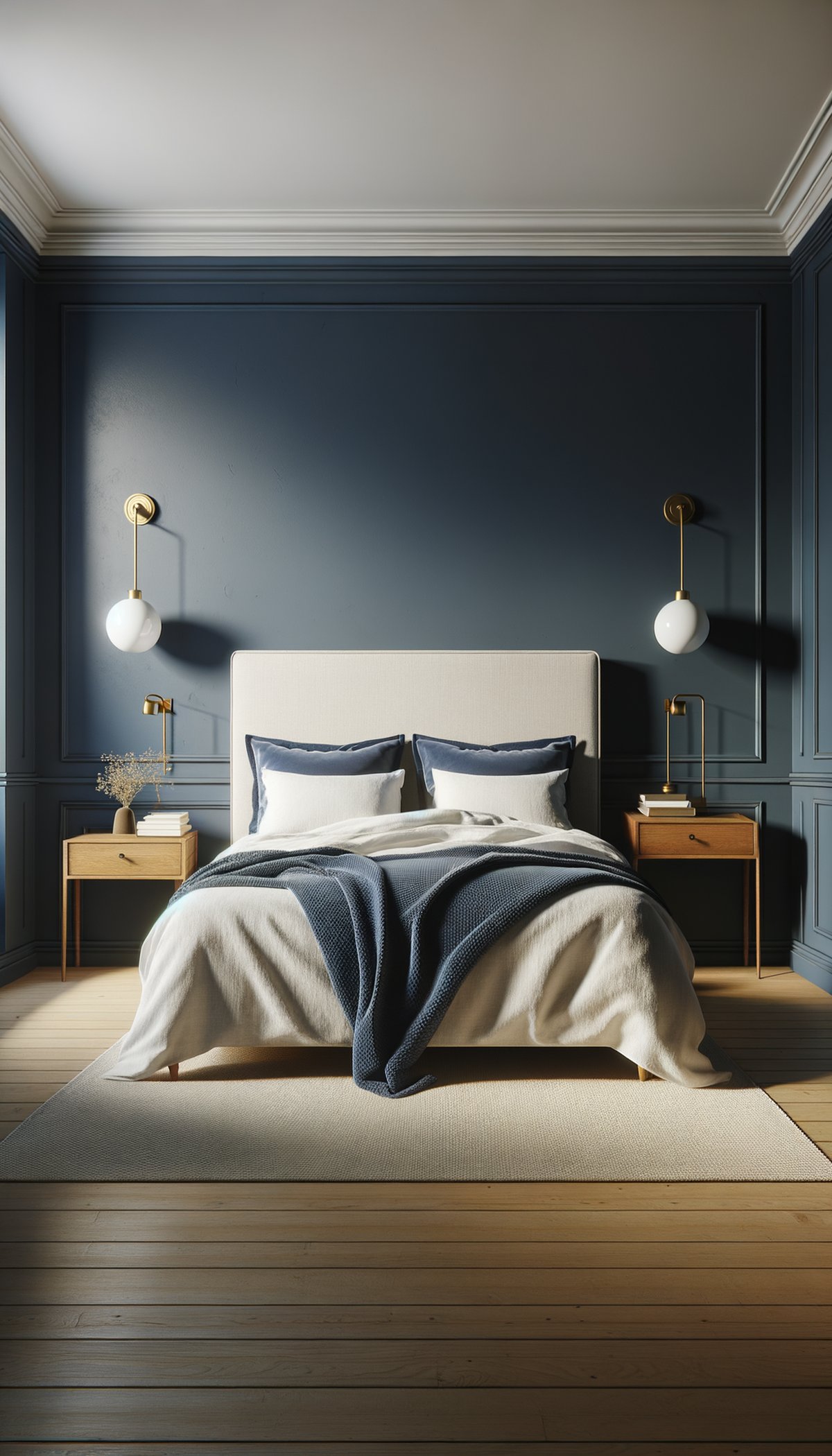 Deep inky navy blue bedroom with brass wall lights and white linen bedding