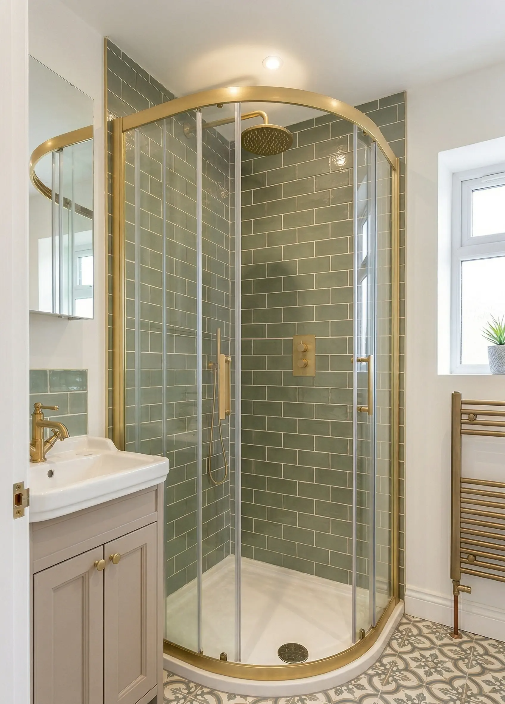 Corner shower in a small bathroom