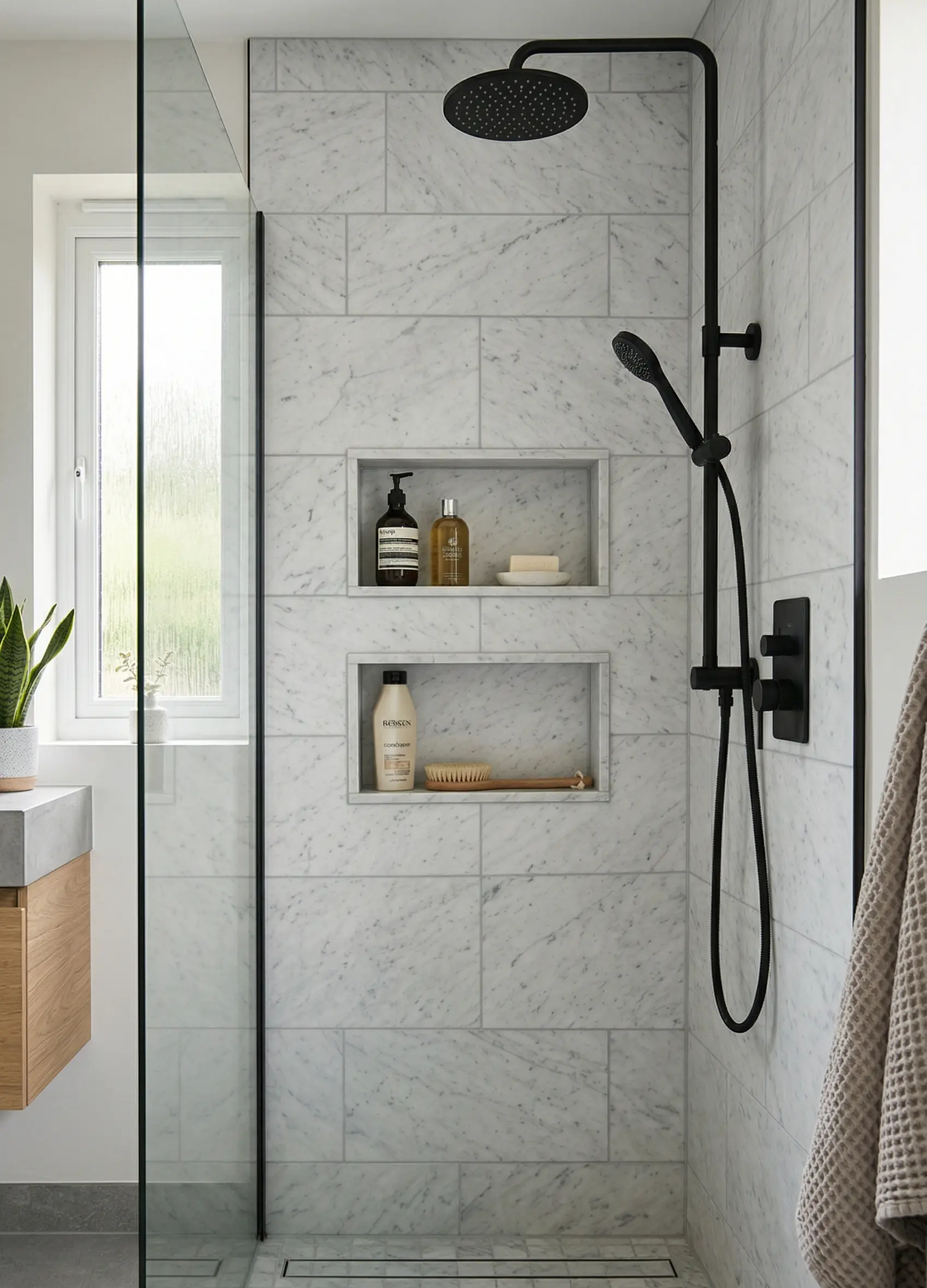 Recessed shelving niche in a small shower area for storage