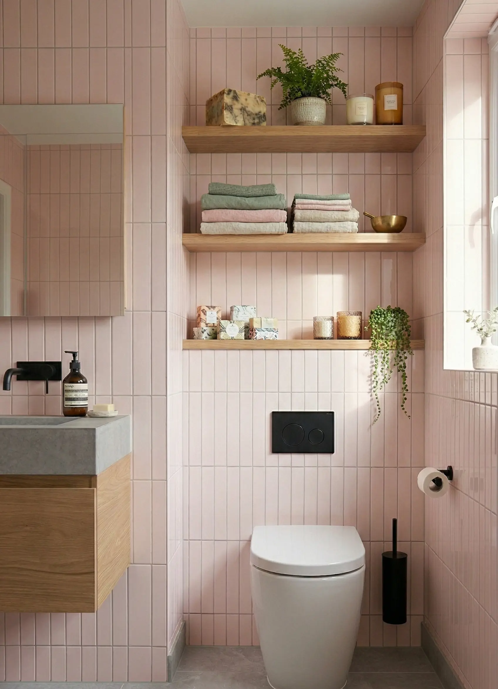 Oak floating shelves above the toilet in a small bathroom for extra storage