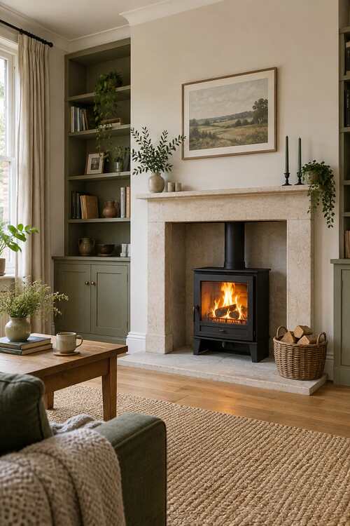 Contemporary black wood-burning stove installed on a limestone hearth in a British living room