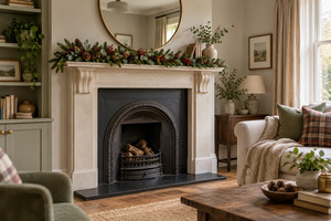 Seven unlit garlands for decorative mantels and shelves, from dense greenery to gold baubles.